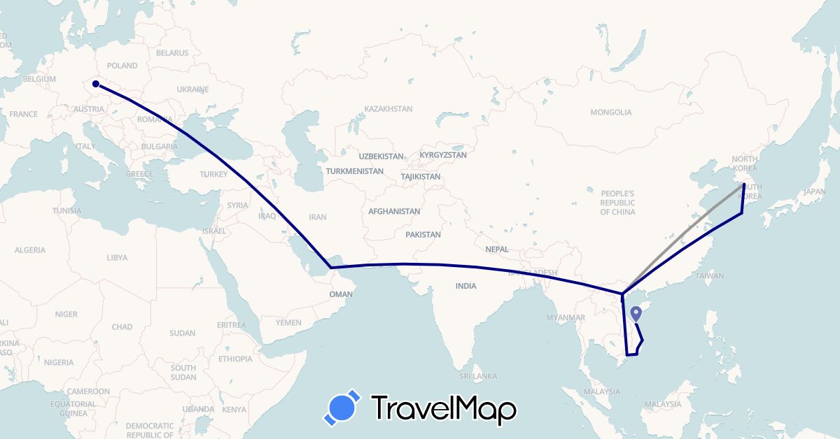 TravelMap itinerary: driving, plane in United Arab Emirates, Czech Republic, South Korea, Vietnam (Asia, Europe)